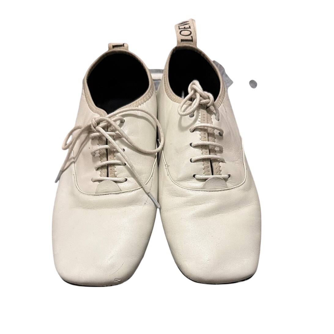 Loewe Derby White Soft Leather Black Logo Tab Lace Up Flat Shoes Eu37 Us 7